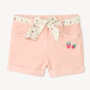 Short en denim avec broderie fruit + ceinture à nouer pour bébé fille 