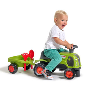 Porteur tracteur Claas Arion 470 avec remorques et outils vert 