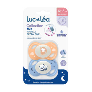 Lot de 2 sucettes silicone Extra-fines Nuit 6-18M panda/singe 