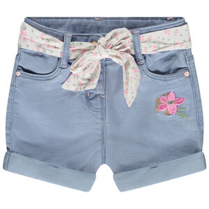 Short uni en denim avec broderie + ceinture à nouer pour bébé fille 