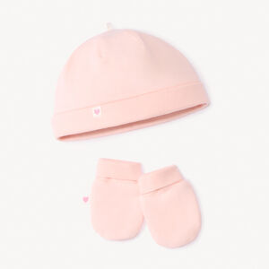 Set bonnet + moufles de naissance uni pour bébé fille 