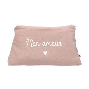 Trousse de toilette en lin "Mon amour" - Rose 