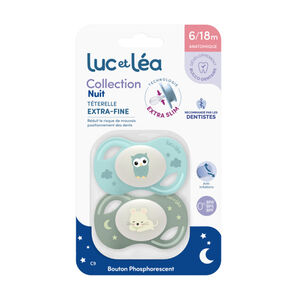 Lot de 2 sucettes silicone Extra-fines Nuit 6-18M souris/chouette 