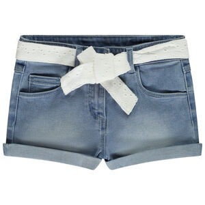 Short en jean avec ceinture en broderie anglaise pour fille 