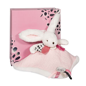 Doudou plat lapin Happy Blush rose avec pompon 25 cm  