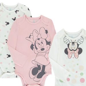 Lot de 3 bodies manches longues Minnie Disney pour bébé fille avec ouvertures différentes selon l'âge 