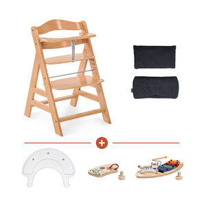 Chaise haute en bois Alpha+ coloris naturel avec 4 accessoires 