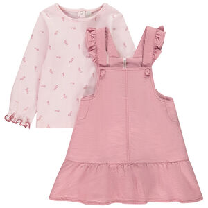 Ensemble robe salopette uni rose + t-shirt fantaisie pour bébé fille 
