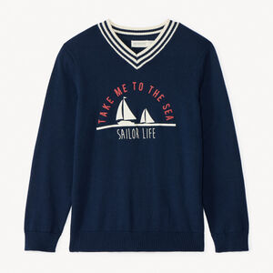 Pull à manches longues à col V print bateau pour garçon 
