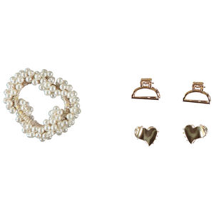 Set de 4 barrettes dorées + 1 chouchou en perles nacrées pour fille 