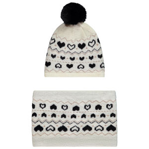Ensemble bonnet + snood en tricot fantaisie avec pompon pour fille 