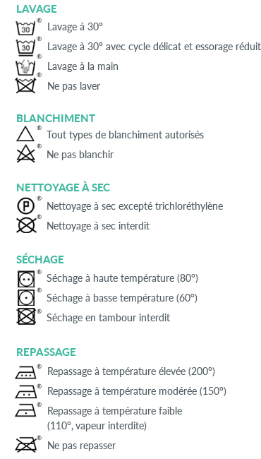 Symboles de lavage et entretien Ginetex explications légende Orchestra